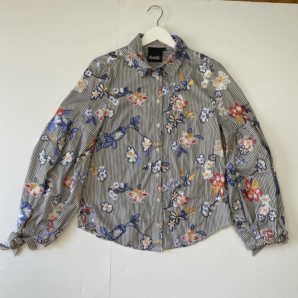 Nanette Lepore Womens Striped Boho Floral Embroidered Blouse Size M Preppy Chic